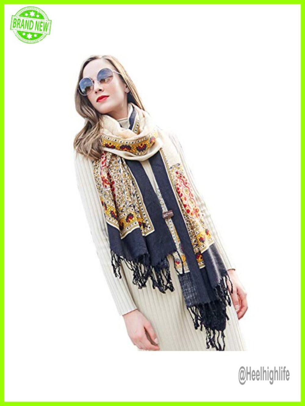 Merino Wool Oversized Pashmina Shawl Wrap with Tassels